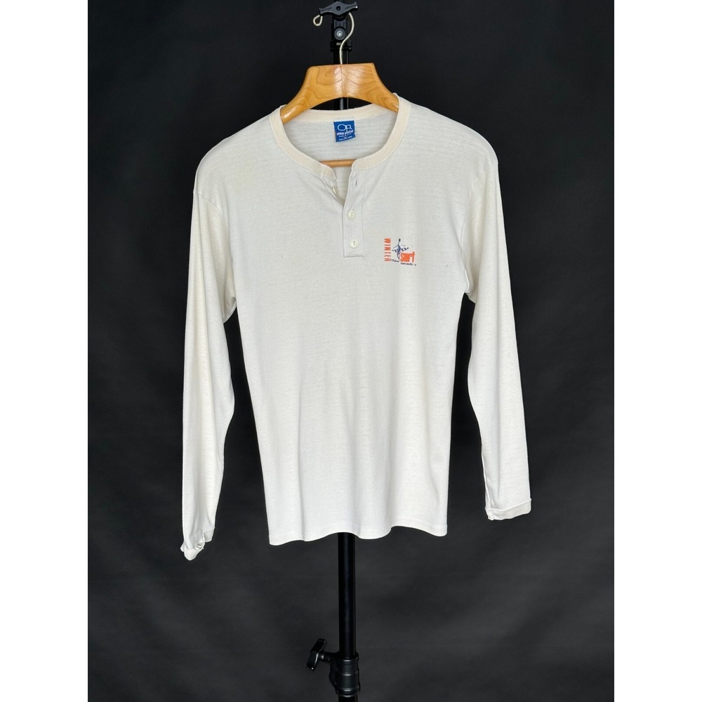 Ocean Pacific Shirt Mens L Cream Long Sleeve Henley Retro 1972 Distressed Cotton